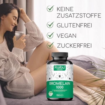 Bromelain hochdosiert 1000 mg (5000 F.I.P.) pro Tagesdosis I 150 Kapseln I Natürlicher Ananasextrakt I Vegan und Laborgeprüft I Hochdosierte magensaftresistente Bromelain Kapseln I Raibu - 2