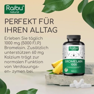 Bromelain hochdosiert 1000 mg (5000 F.I.P.) pro Tagesdosis I 150 Kapseln I Natürlicher Ananasextrakt I Vegan und Laborgeprüft I Hochdosierte magensaftresistente Bromelain Kapseln I Raibu - 4