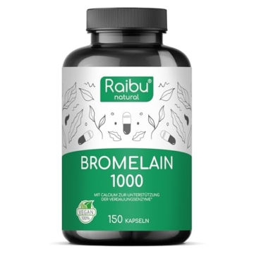 Bromelain hochdosiert 1000 mg (5000 F.I.P.) pro Tagesdosis I 150 Kapseln I Natürlicher Ananasextrakt I Vegan und Laborgeprüft I Hochdosierte magensaftresistente Bromelain Kapseln I Raibu - 1