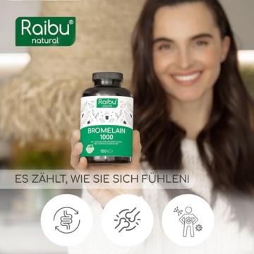 Bromelain hochdosiert 1000 mg (5000 F.I.P.) pro Tagesdosis I 150 Kapseln I Natürlicher Ananasextrakt I Vegan und Laborgeprüft I Hochdosierte magensaftresistente Bromelain Kapseln I Raibu - 5