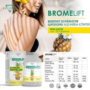 BROMELIFT® Bromelain 2500 GDU/g (DETOX DRAINAGE DIÄT ENTHALTEN) - 120 TABLETTEN | Bromelain Hochdosiert | 5,000 FIP high dose | Bromelain Kapseln, Detox Kur, mit Fenchel, Grüner Tee, Vegan - 2
